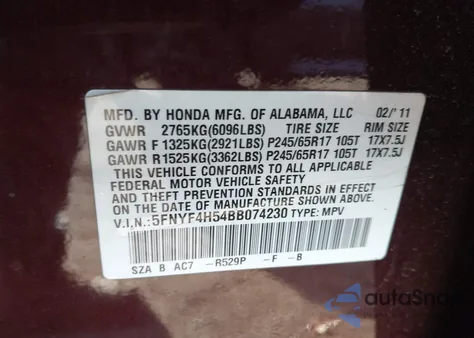 2011 Honda Pilot Ex-L from USA, damaged, VIN 5FNYF4H54BB074230